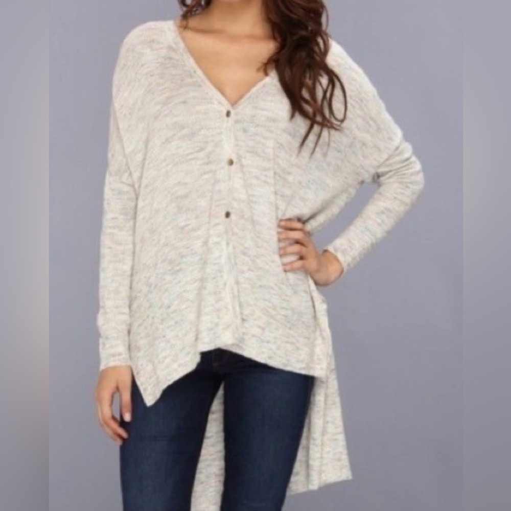 Free People Cream multicolor marled button high low TGIF Cardigan Sweater